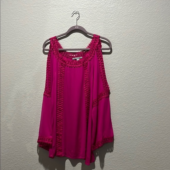 ANTHROPOLOGIE Maeve Cold Shoulder Tunic Blouse 3X Pink Bell Sleeve Lace Crochet - Picture 1 of 8